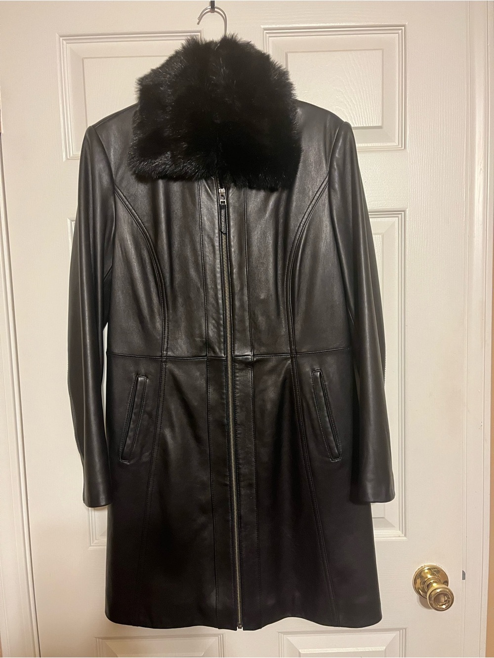 Preston & York Black Leather Coat with Fur Trim
